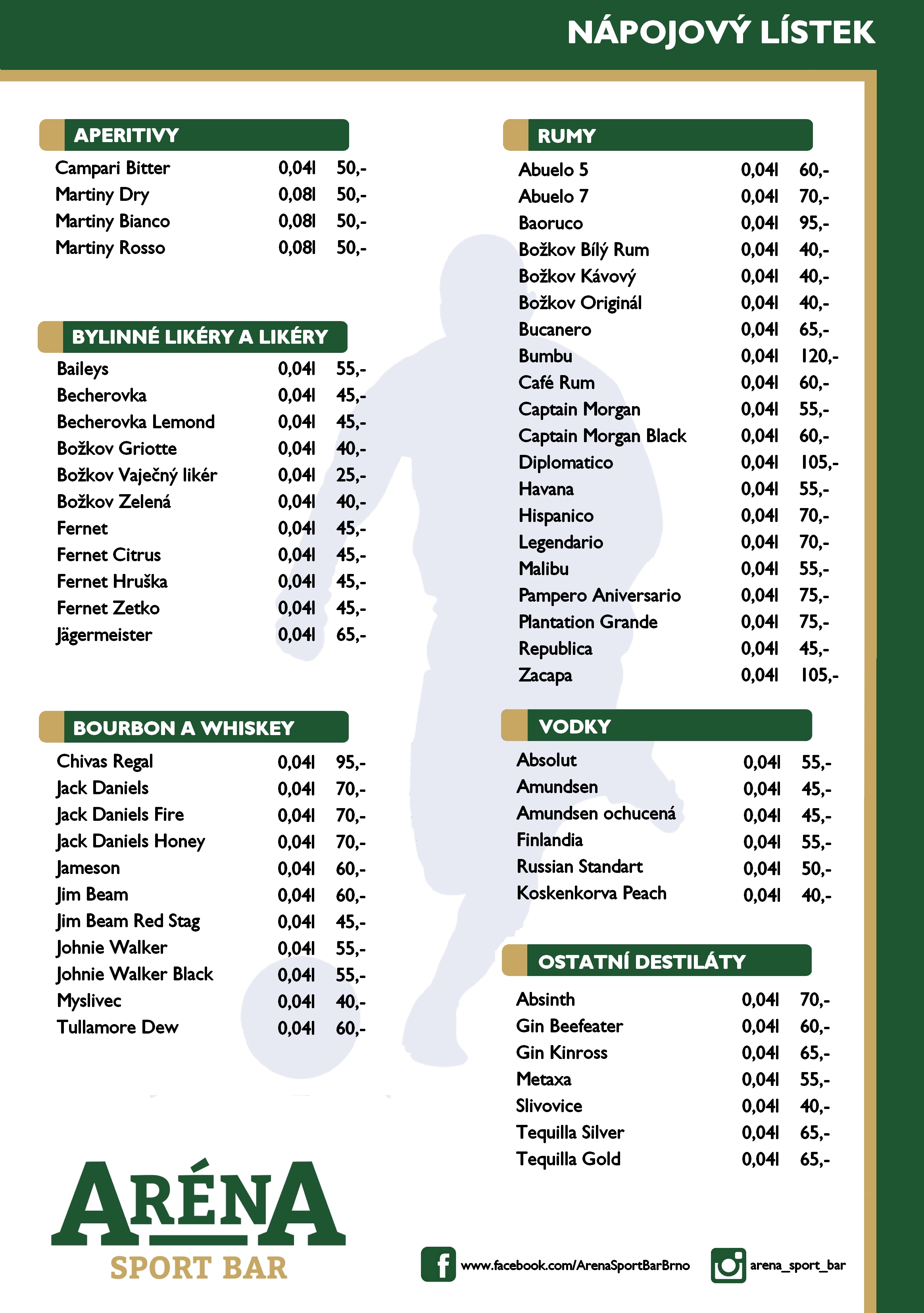 Jídelní a nápojový lístek SportBar Arena